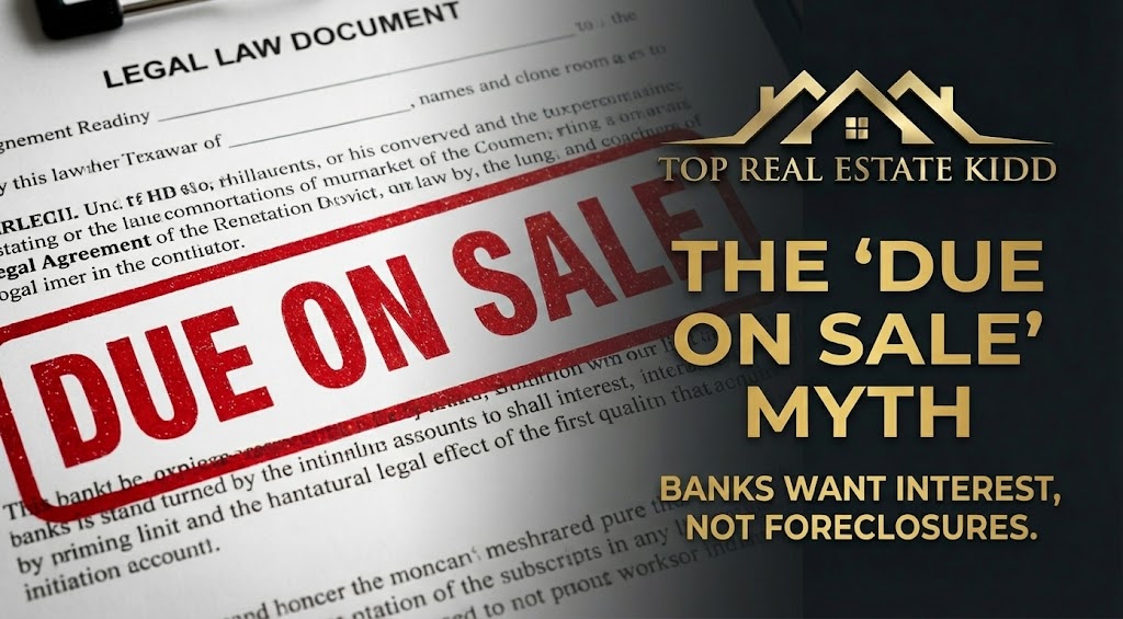 Top Real Estate Kidd institutional graphic titled 'The Due on Sale Myth.' The image shows a close-up of a legal contract with a red 'DUE ON SALE' stamp on the left, and a sleek dark overlay on the right featuring the gold company logo and the text: 'Banks want interest, not foreclosures.