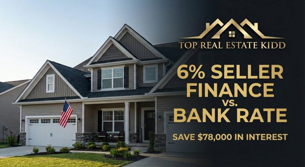 Top Real Estate Kidd official analysis graphic comparing 6% Seller Finance vs Bank Rates, showing a $78,000 interest saving. The image features a suburban home with an American flag background and the company's gold institutional logo.