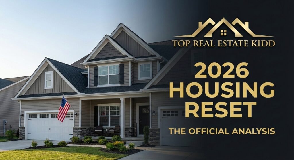 Top Real Estate Kidd official analysis graphic for the 2026 Housing Reset. Featuring a professional suburban home with an American flag, detailing the Executive Order to stop Wall Street from competing with Main Street homebuyers.