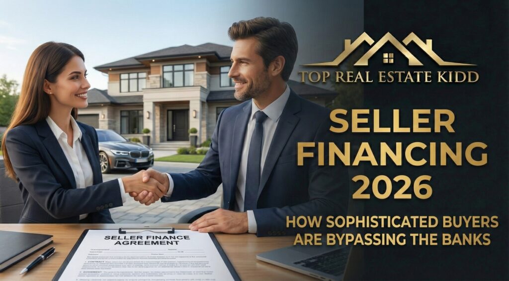 Top Real Estate Kidd institutional graphic for Seller Financing 2026. A professional handshake over a creative finance contract, luxury suburban background, and gold text: 'Seller Financing 2026: Bypassing the Bank