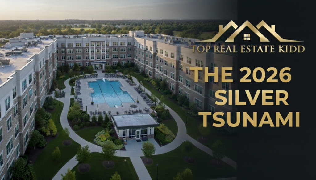 Modern institutional senior housing facility with a luxury courtyard and pool, featuring the TopRealEstateKidd logo and the title 'The 2026 Silver Tsunami,' representing the shift from residential door-space to specialized bed-space assets.