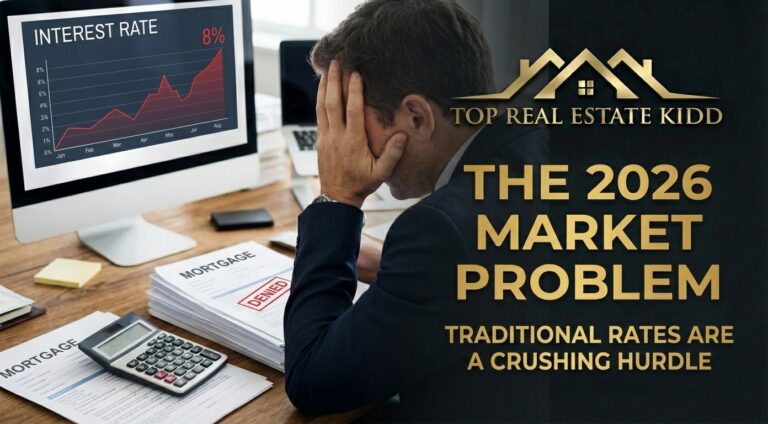 Top Real Estate Kidd graphic showing the 2026 mortgage crisis. A buyer in a suit with his head in his hands, a monitor displaying rising interest rates, and the gold logo with text: 'The 2026 Market Problem: Traditional Rates are a Crushing Hurdle'.