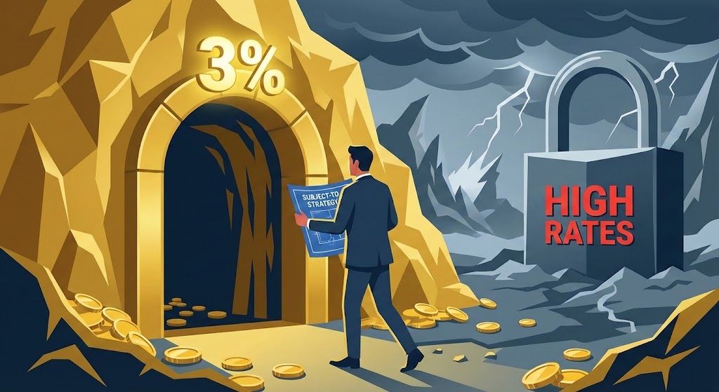 "Cinematic illustration of a real estate investor holding a 'Subject-To Strategy' blueprint, standing at the entrance of a glowing gold mine marked with '3%'. In the background, a large padlock labeled 'HIGH RATES' sits under a stormy sky, representing the contrast between traditional high-interest markets and creative finance arbitrage in the 2026 real estate economy."
