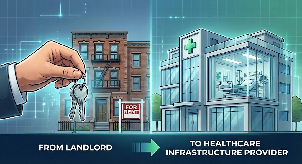 A split-screen illustration depicting the 2026 real estate strategy shift from traditional 'Landlord' to 'Healthcare Infrastructure Provider.' The left side shows a hand holding keys next to a brick apartment building with a 'FOR RENT' sign. A transition arrow points to the right side, showing a modern, multi-story senior healthcare facility with medical equipment visible through glass windows, illustrating the move to residential assisted living and the bed-space model.