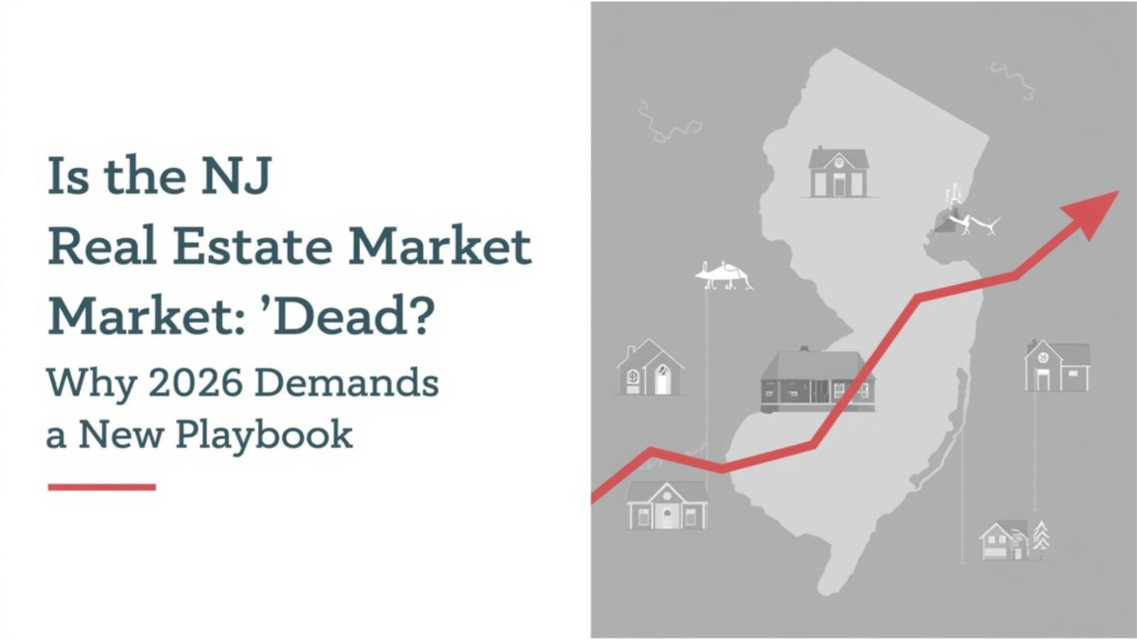 New Jersey housing market 2026 graphic showing NJ state outline with suburban homes and stabilizing price trend lines.