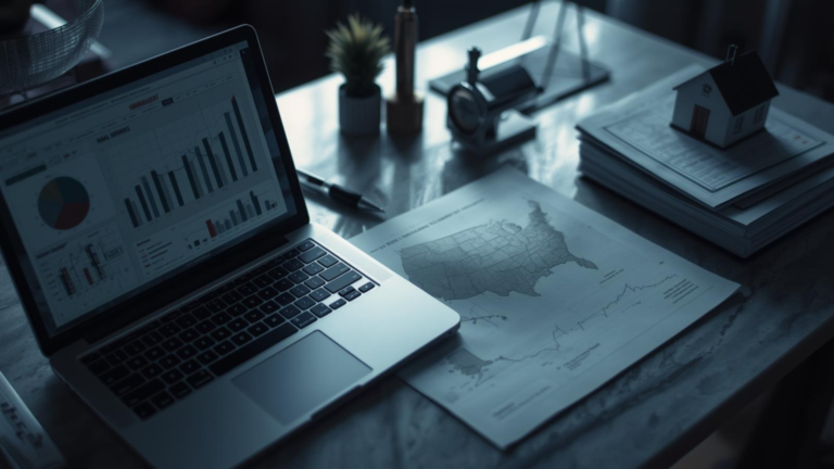 Investor workspace with a U.S. map, mortgage documents, a house model, and an open laptop showing abstract charts, illustrating rising foreclosure starts in 2026.