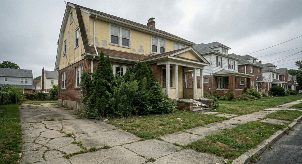 Candid photo of a dated Yonkers, NY inherited house, red brick and siding, actively underwritten by TRK Acquisitions