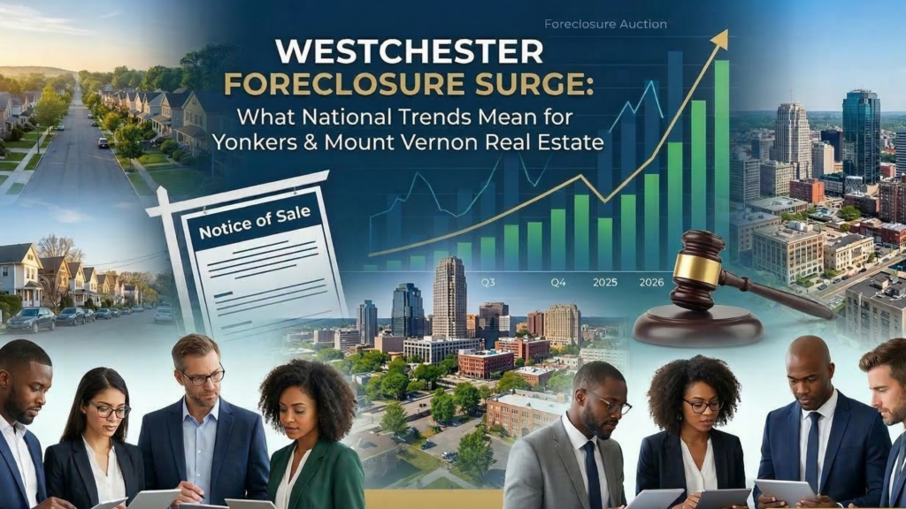 A real estate graphic illustrating the Westchester Foreclosure Surge, featuring an upward trending chart, a legal Notice of Sale, a gavel, and residential neighborhoods. A diverse group of real estate professionals reviews data on tablets. Text reads: Westchester Foreclosure Surge: What National Trends Mean for Yonkers & Mount Vernon Real Estate, with a VIP Buyers List button.